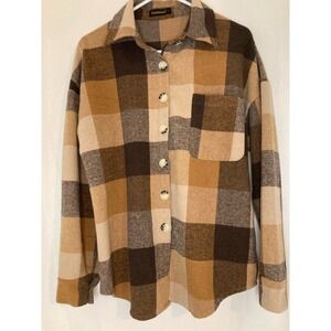 Fantaslook Plaid Flannel Shirt Jacket Shacket Brown Beige‎ Small Button Down